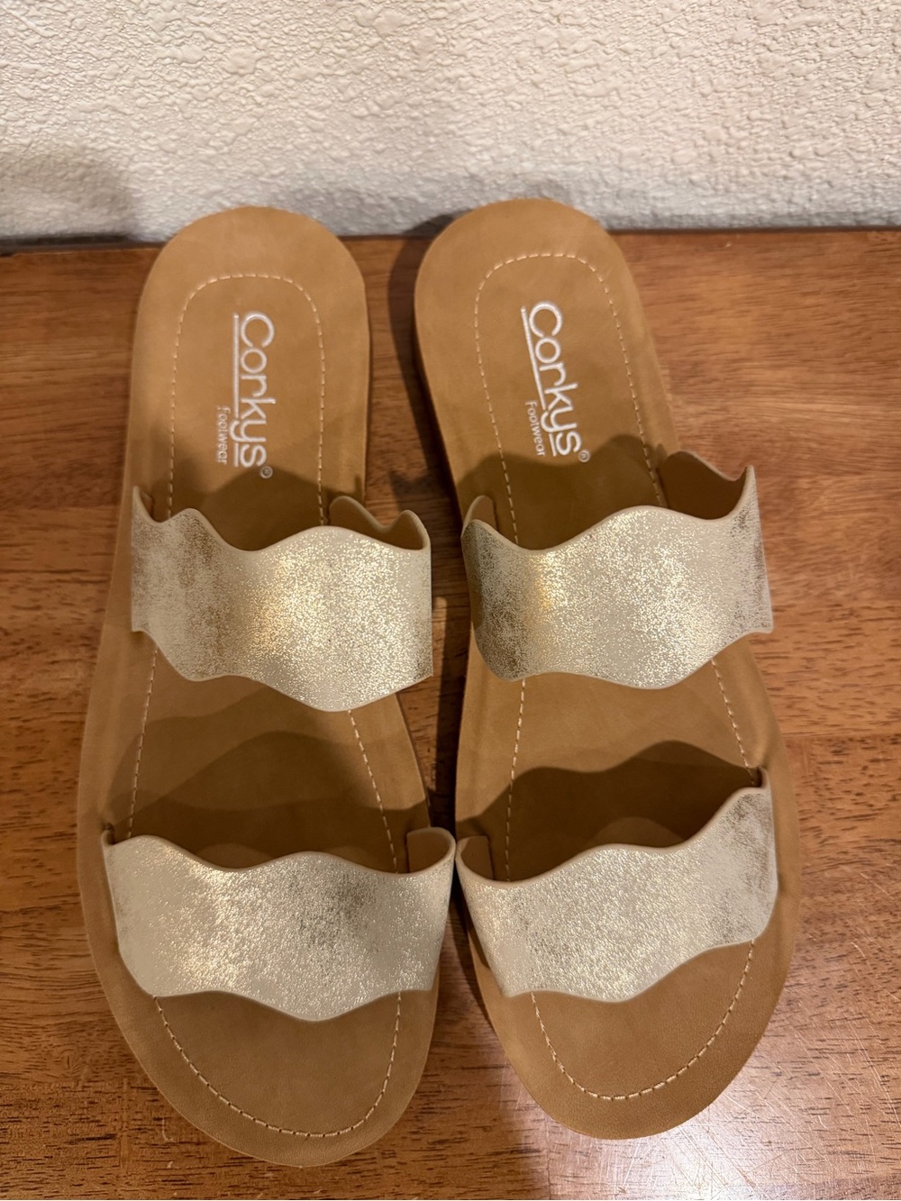 Corkys Wishy Washy Shimmering Gold Wavy Double-Strap Slide Sandals - Picture 2 of 5